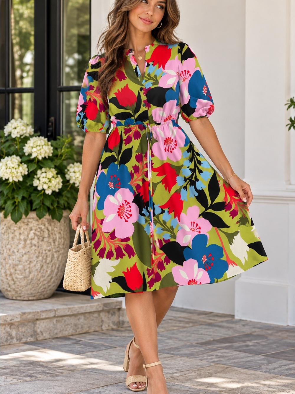 Floral Tie-Waist Midi Dress in Olive Multi-Color